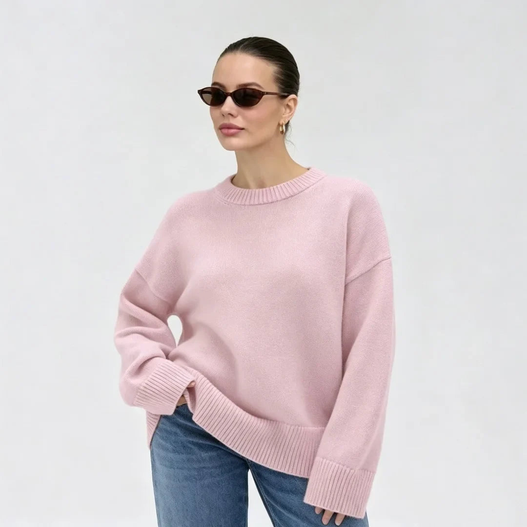 Women's Oversized Crewneck Sweater with Ribbed Cuffs, Loose-Fit Knit