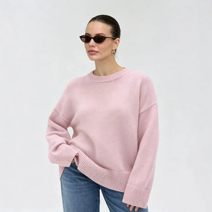 Women's Oversized Crewneck Sweater with Ribbed Cuffs, Loose-Fit Knit