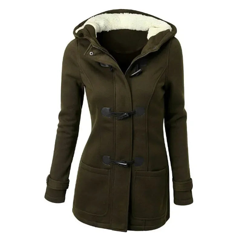 Damen Dufflecoat Schwarz mit Kapuze und Knebelverschlüssen, warm gefüttert