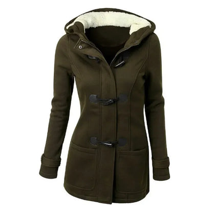 Damen Dufflecoat Schwarz mit Kapuze und Knebelverschlüssen, warm gefüttert