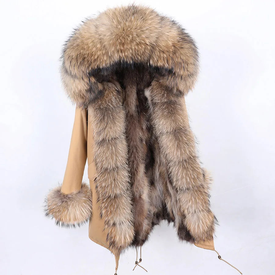 Women's winter parka with pink faux fur lining & hood