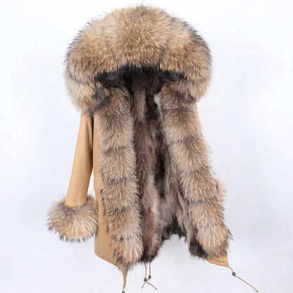 Women's winter parka with pink faux fur lining & hood