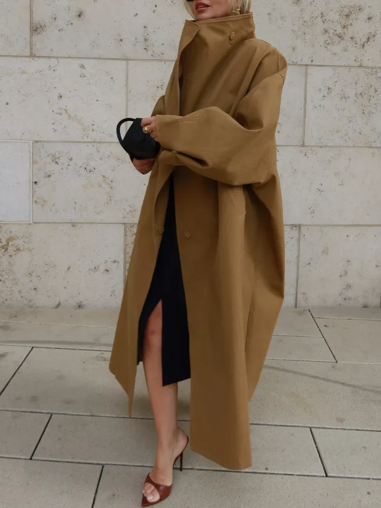 Oversized Damen Trenchcoat mit Gürtel und Stehkragen – Langer lockerer Übergangsmantel