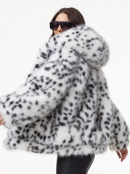 Women's faux-fur hooded jacket with a black-and-white spotted pattern