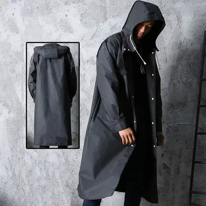 Unisex Regenmantel Lang Schwarz mit Kapuze Druckknöpfen