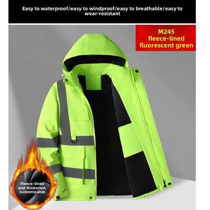 Men's winter work jacket with fleece lining, reflective stripes, and hood