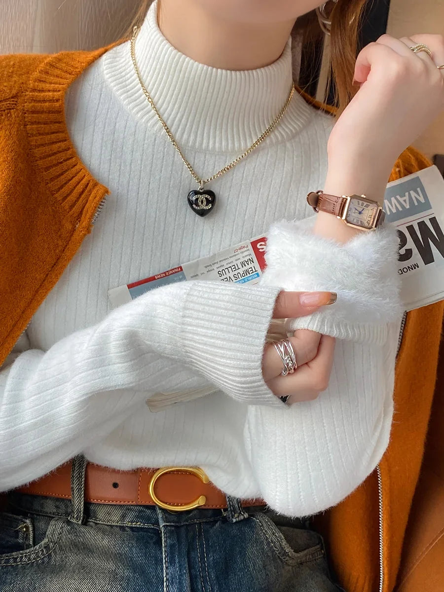 Damen Rollkragen Rippstrick Pullover mit Plüschfutter