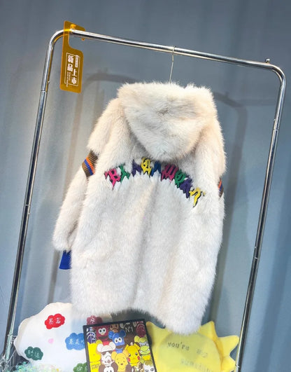 Unisex faux-fur hooded jacket with appliqué and removable pocket, cream & blue