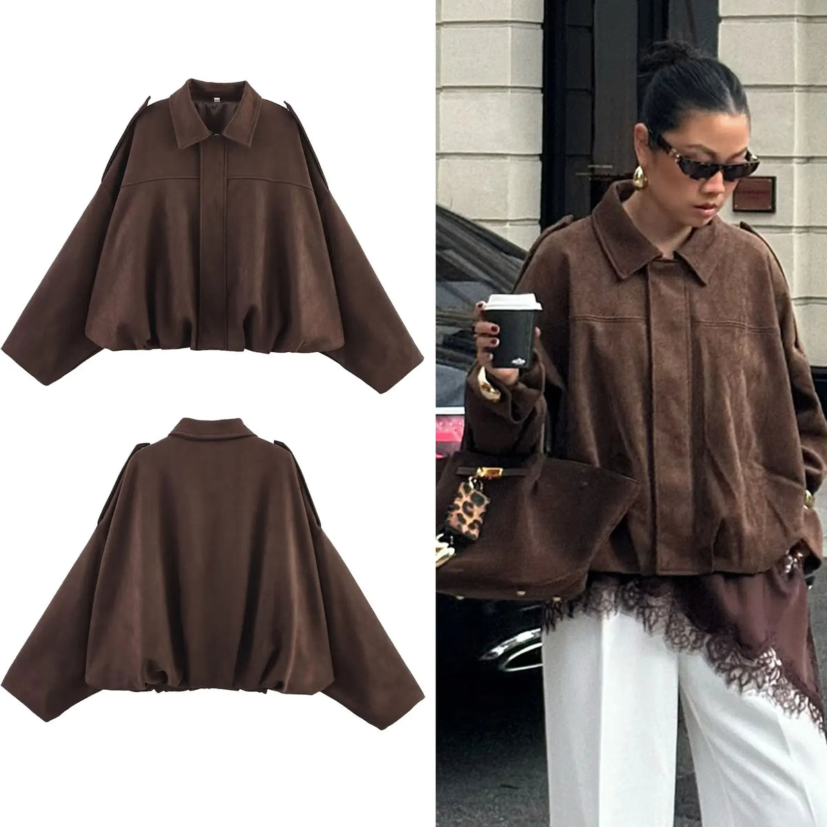 Women's cropped short transition jacket with lapel collar and long sleeves