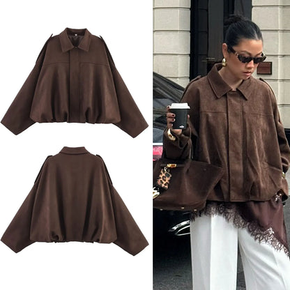Women's cropped short transition jacket with lapel collar and long sleeves
