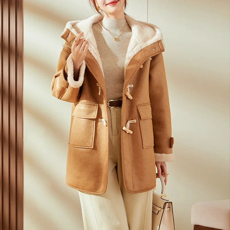 Damen Dufflecoat mit Kapuze und Futter in Camel