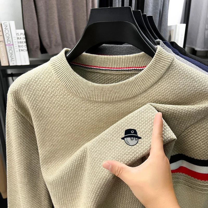 Men's crew-neck pullover with honeycomb texture and stripe detail