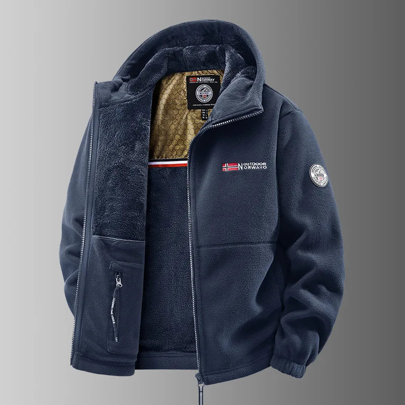 Men's outdoor fleece jacket with hood and zip closure, lined