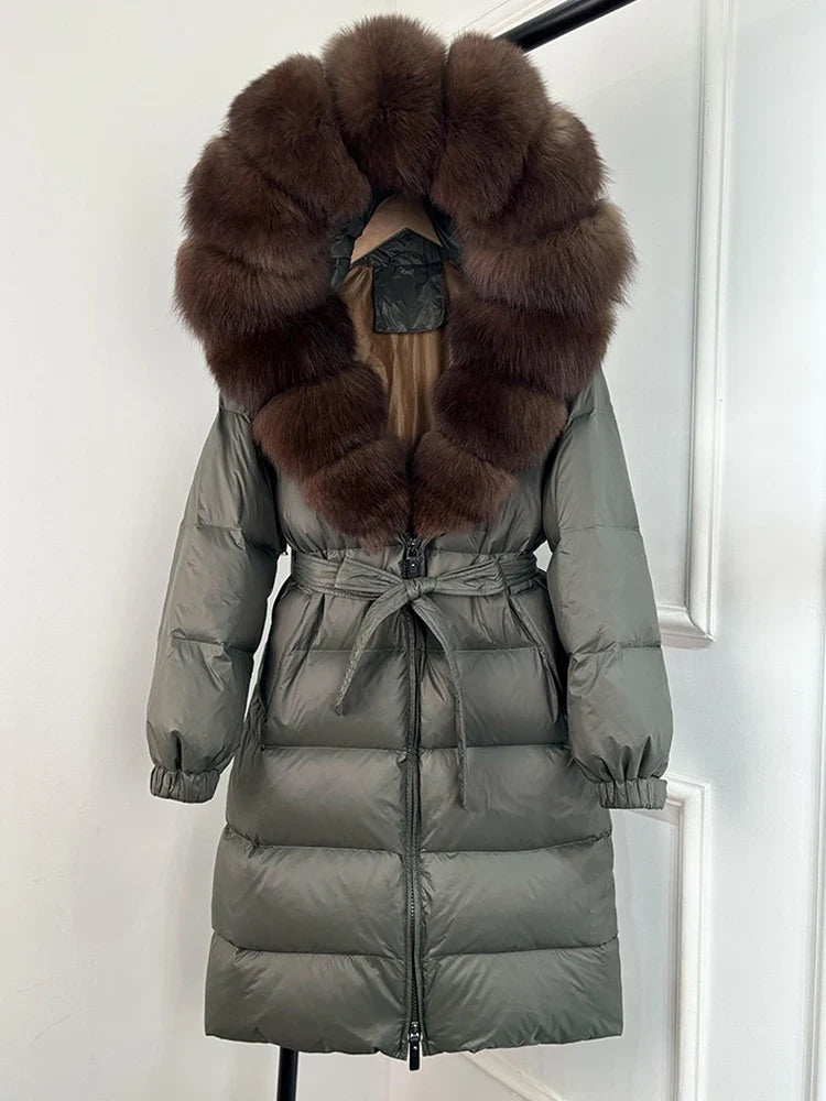 Women's black down coat with fur hood, long winter coat, belt, warm jacket