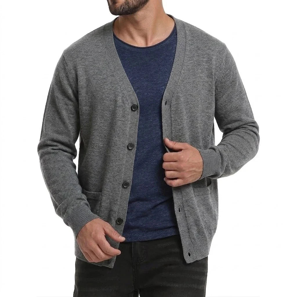 Men's V-neck cardigan with buttons and pockets, heathered look