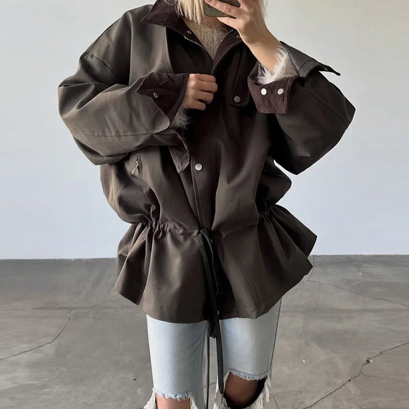 Women's beige oversized-style jacket with drawstring and contrasting collar