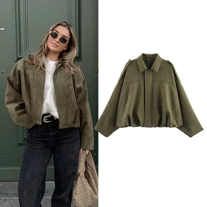 Women's short bomber jacket, oversized, green with collar