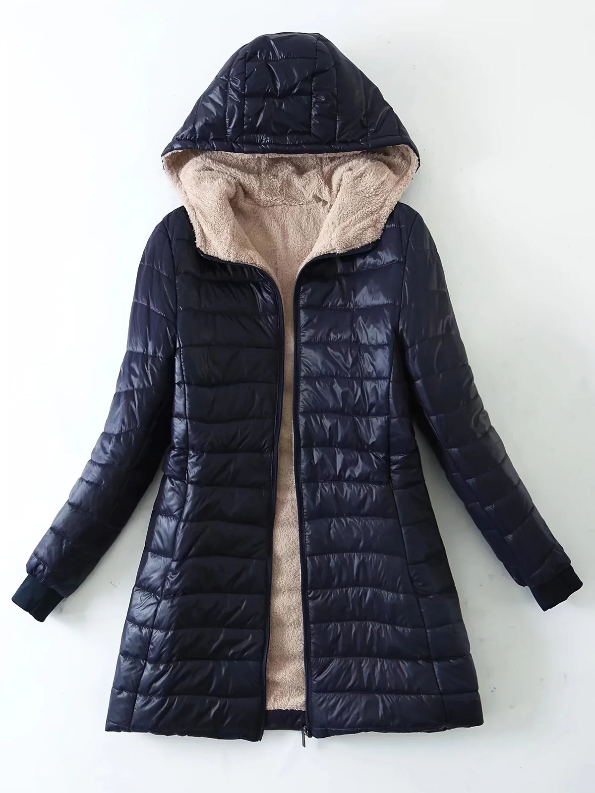 Damen Steppjacke mit Kapuze, gefüttert mit Kunstfell, langer Schnitt