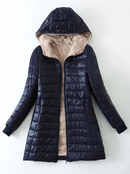 Damen Steppjacke mit Kapuze, gefüttert mit Kunstfell, langer Schnitt