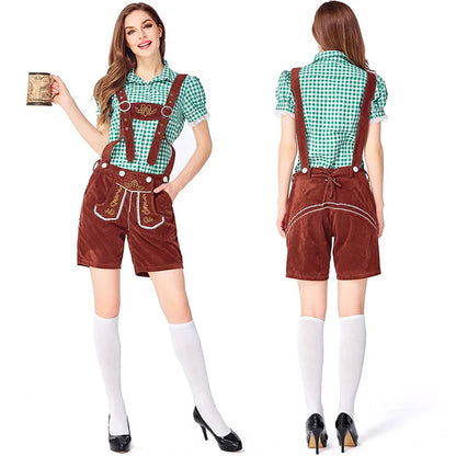 Women's Oktoberfest costume set: dirndl, lederhosen shorts, and checked shirt