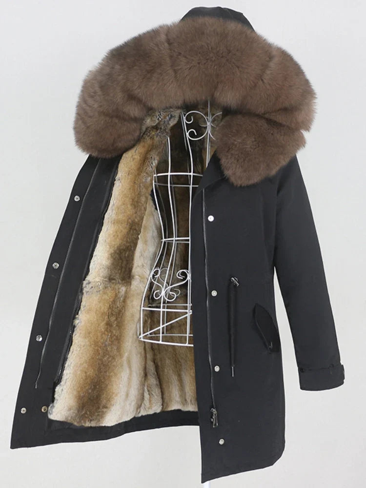 Women's winter parka with hood and fur trim, warm jacket, unisex