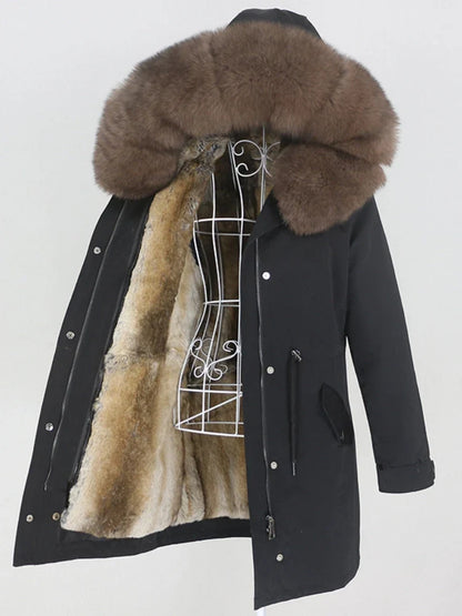 Women's winter parka with hood and fur trim, warm jacket, unisex
