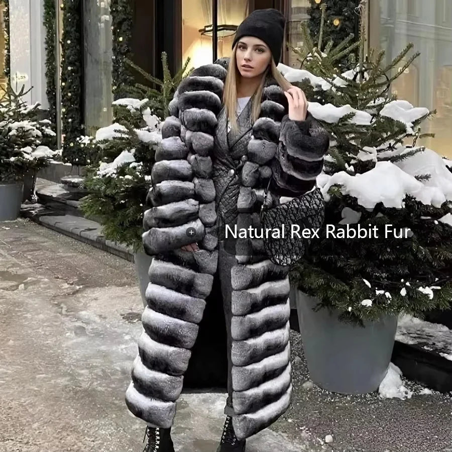Damen Langer Faux-Pelz-Mantel Gestreift Schwarz-Weiß Warmer Wintermantel