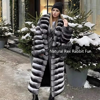 Damen Langer Faux-Pelz-Mantel Gestreift Schwarz-Weiß Warmer Wintermantel