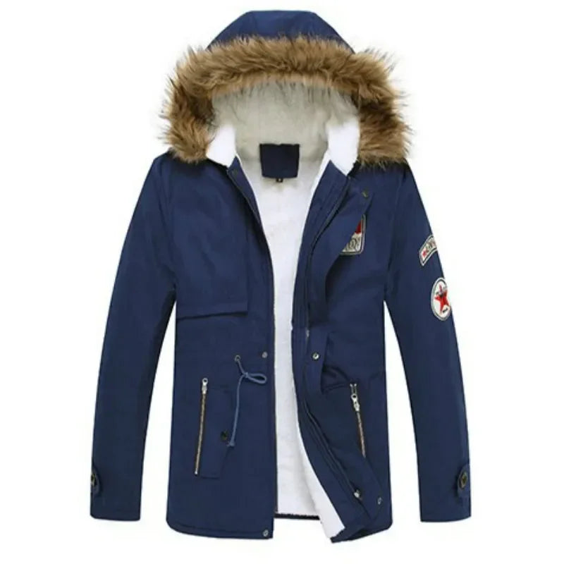 Men's winter parka with hood, faux-fur lining & patches, khaki