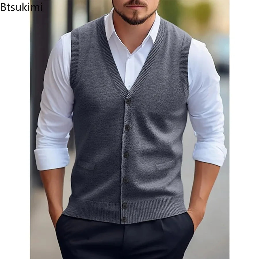 Men's knitted vest V-neck button placket