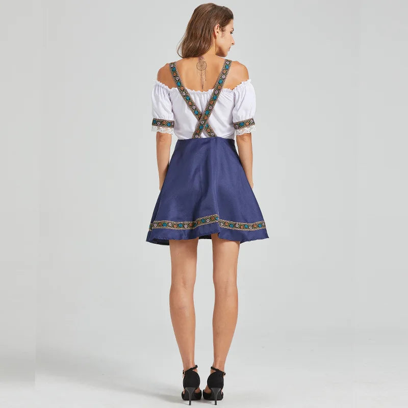 Damen Dirndl-Kleid mit Trägern und Carmen-Bluse, bestickt