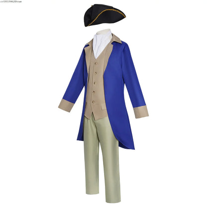 Men's historical costume set, blue and beige frock coat, vest, trousers, pirate hat