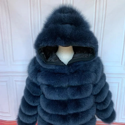 Women's winter faux fur coat with hood, long sleeves, warm jacket, striped