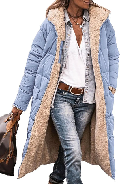 Long women's quilted coat with teddy lining & hood - Warmly lined winter coat
