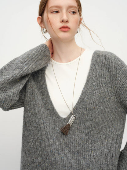 Damen Rib-Strickpullover V-Ausschnitt Tiefer Ausschnitt