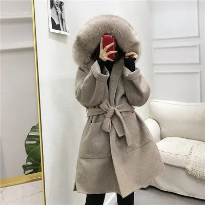 Women's Short Coat with Fur Collar and Fur Cuffs, Belted Wrap Coat