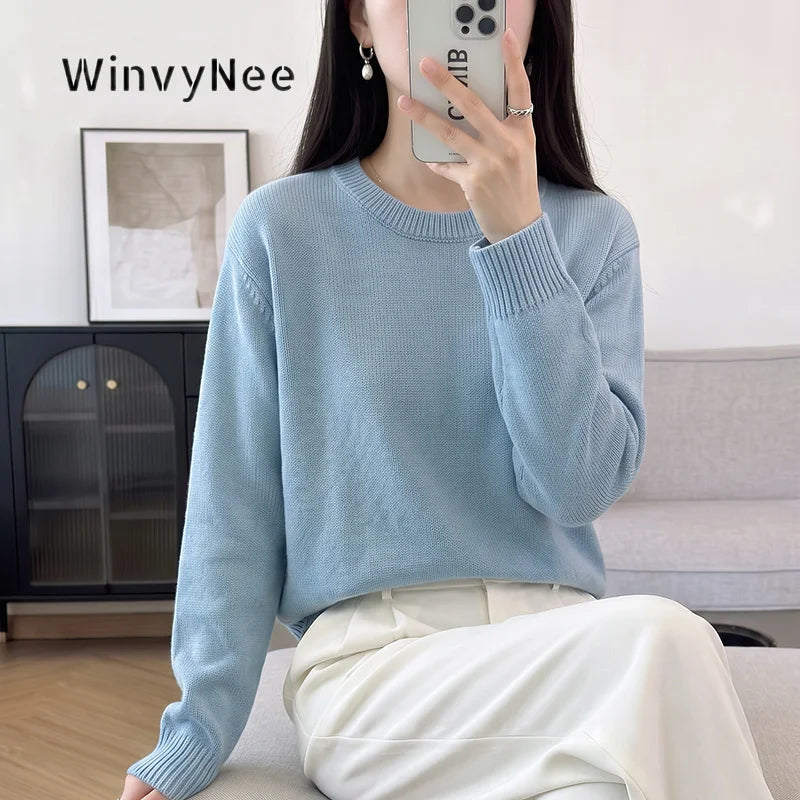 Women's Light Blue Fine-Knit Crew-Neck Long-Sleeve Sweater