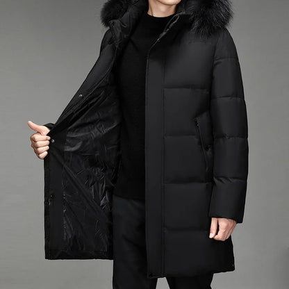 Herren Winter Daunenmantel mit Kapuze und Fellimitat-Besatz Lang Gesteppt