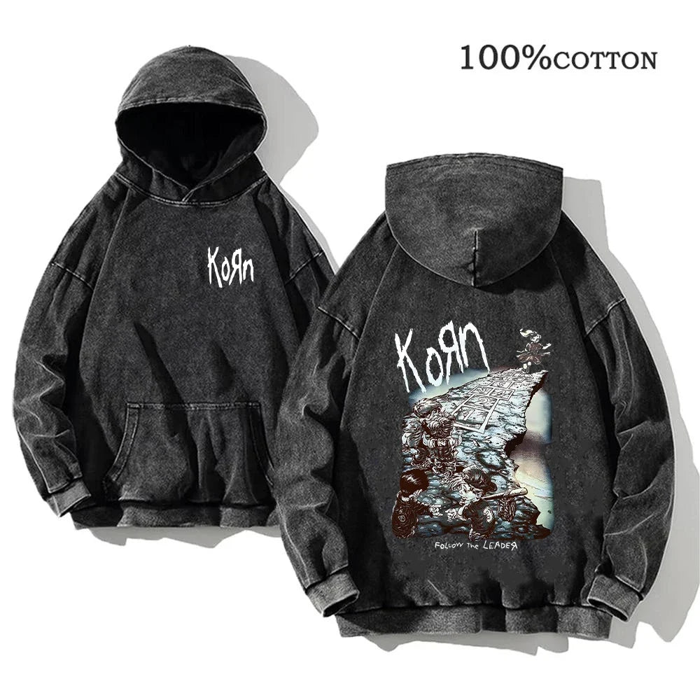Hoodie Schwarz Grau Washed Oversize mit Band-Print Vorn & Hinten