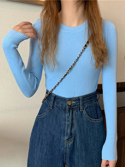 Women's ribbed long-sleeve sweater, crew neck, top