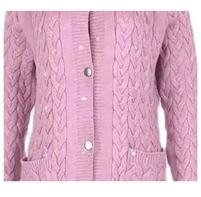 Long Knit Cardigan with Faux Fur Trim and Cable-Knit Pattern in Purple