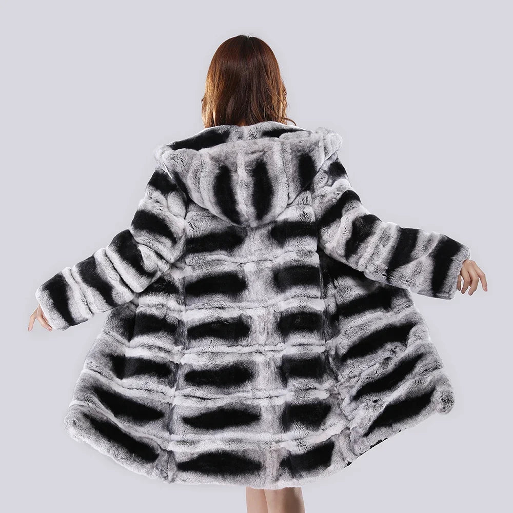 Women's coat with hood, striped, gray-black