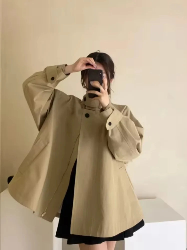 Damen Jacke Kurzer Trenchcoat Stehkragen Oversize khaki