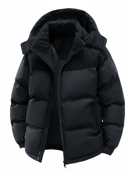 Unisex Winter Steppjacke mit Kapuze, gepolstert, Kord-Details