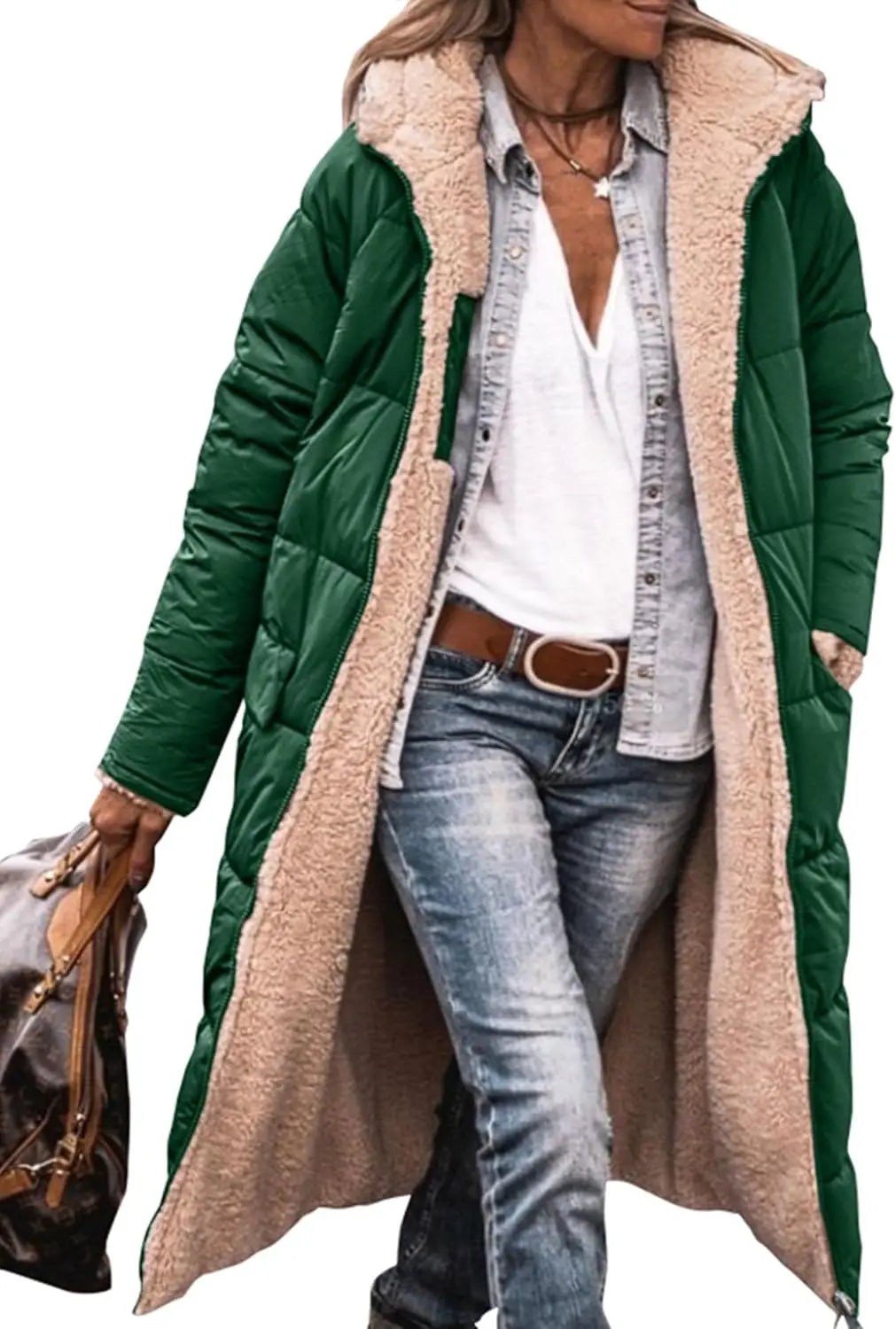 Long women's quilted coat with teddy lining & hood - Warmly lined winter coat