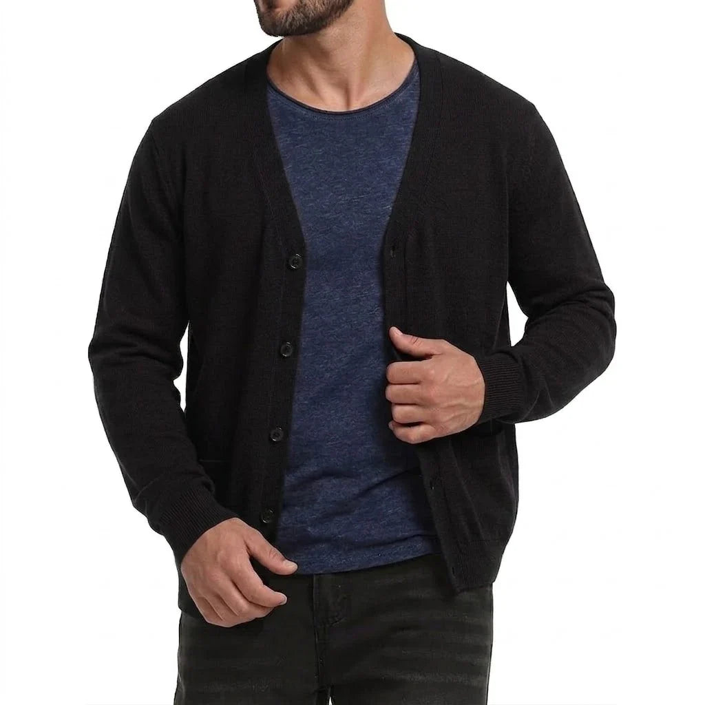 Men's V-neck cardigan with buttons and pockets, heathered look