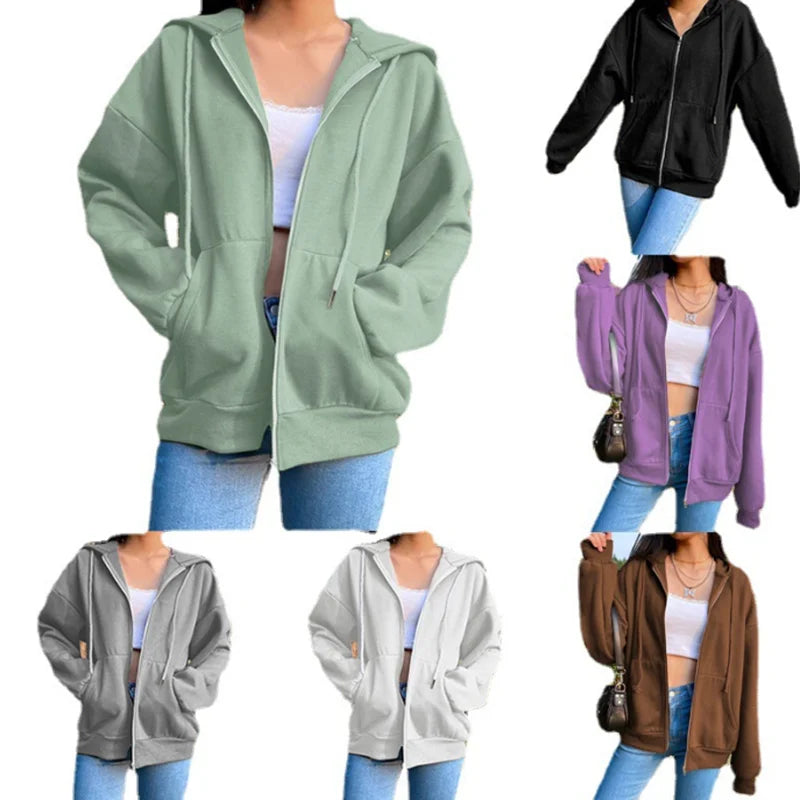 Women's Zip-Up Hoodie Jacket with Hood, Loose Fit