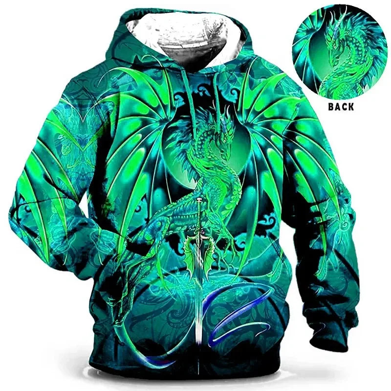 Dragon-print hoodie, fantasy design, hooded pullover for men