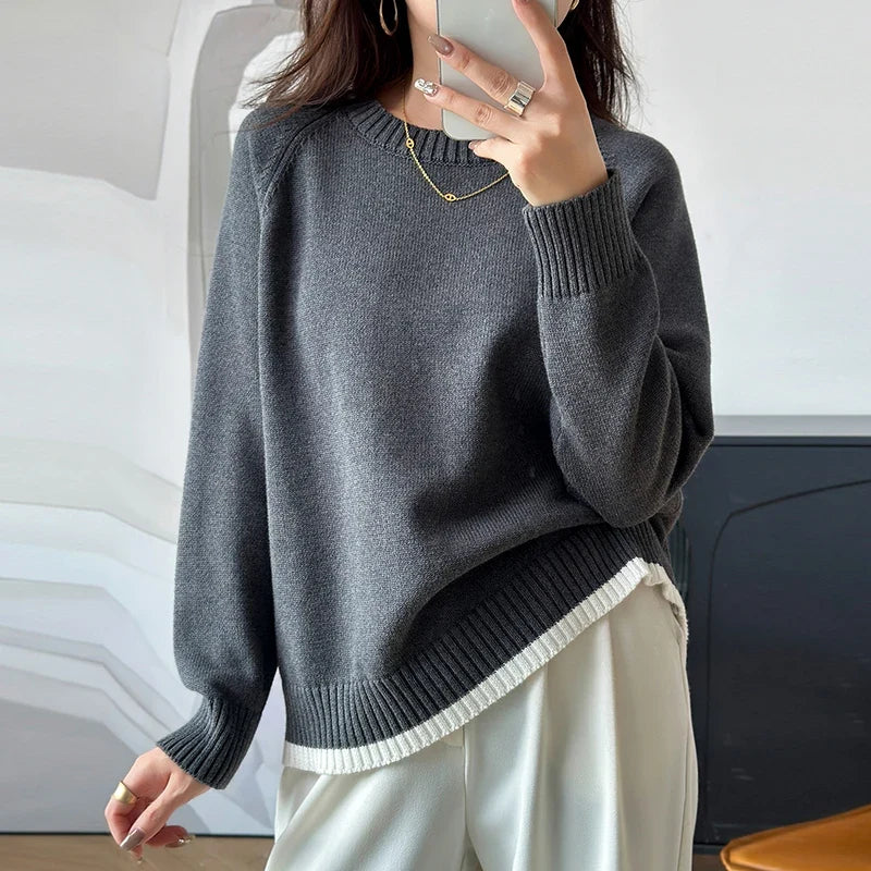 Women's crew-neck long-sleeve knit sweater with ribbed cuffs, light blue