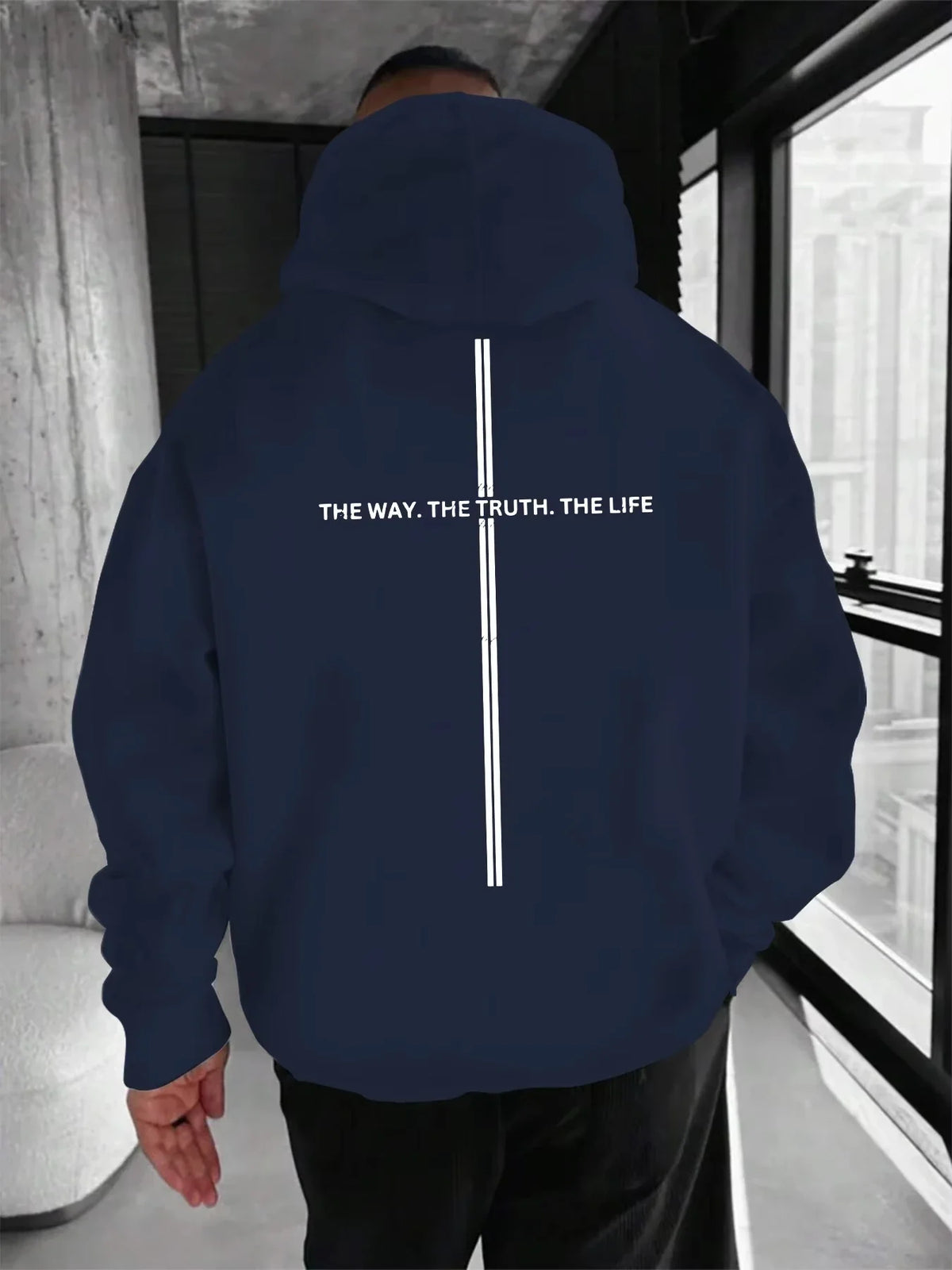 Men's Hoodie with "THE WAY. THE TRUTH. THE LIFE." Print and Stripe Design on the Back, Loose Fit